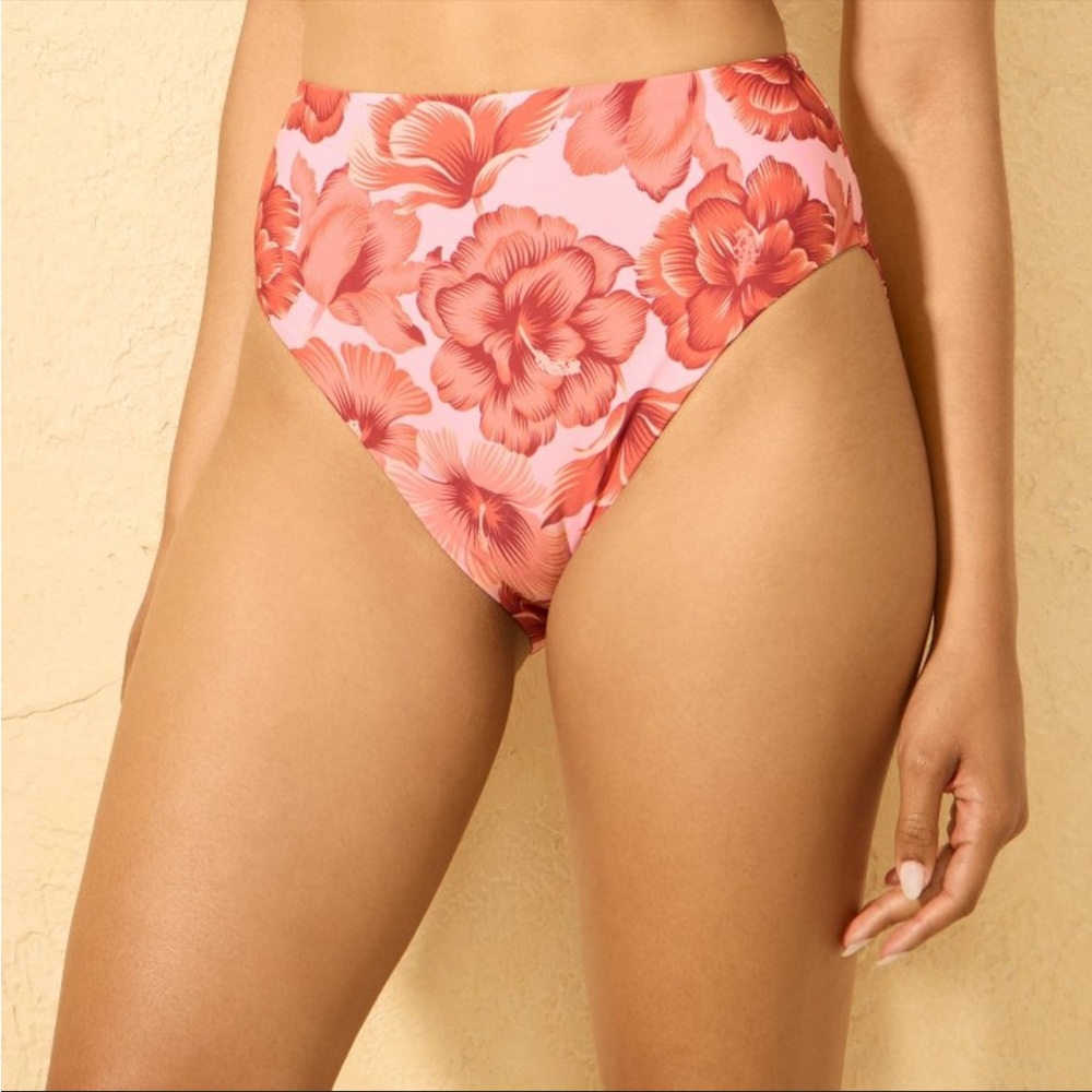 NWT Pink Floral Print High Waist Full Coverage Bikini Bottom BOTTOM ONLY